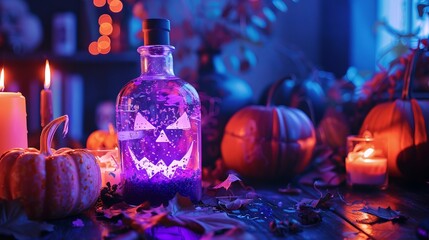 Enchanted purple potion in a bottle with Halloween pumpkin backdrop. Candlelit autumn setting for spooky festivities. Concept of Halloween night, witchcraft elements, mystical decor, fall celebration. - obrazy, fototapety, plakaty
