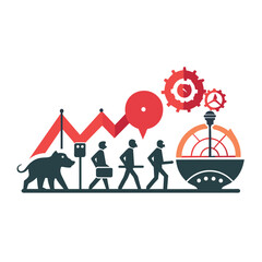A group of individuals are walking across a field next to a boat, A simple yet impactful design reflecting the evolution of marketing agencies