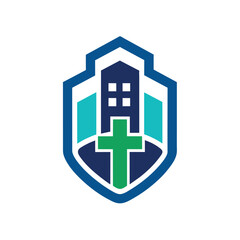 Fototapeta premium A shield logo with a cross at the center, symbolizing strength and protection, A simple yet impactful logo for a cutting-edge medical facility