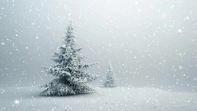 Christmas tree. Falling snowflakes. Falling snowflakes effect. Looped snow. Minimalistic background. Minimalistic style. Generative AI.