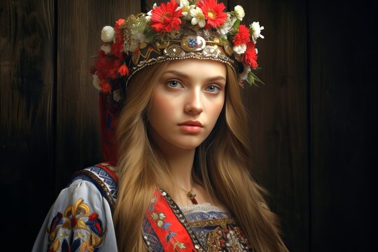Ukrainian girl wearing a vibrant folkloric wreath. Female portrait in national Ukrainian garb. Concept of cultural fashion, ethnic wear, and national pride. Oil painting style artwork