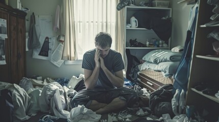 A man sits on a bed surrounded by clothes and papers. He is praying. The room is messy and disorganized