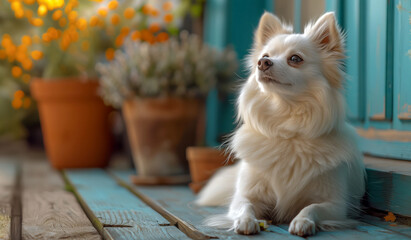 Fluffy guardian on a home background, a white spitz's tranquil presence is mesmerizing - obrazy, fototapety, plakaty