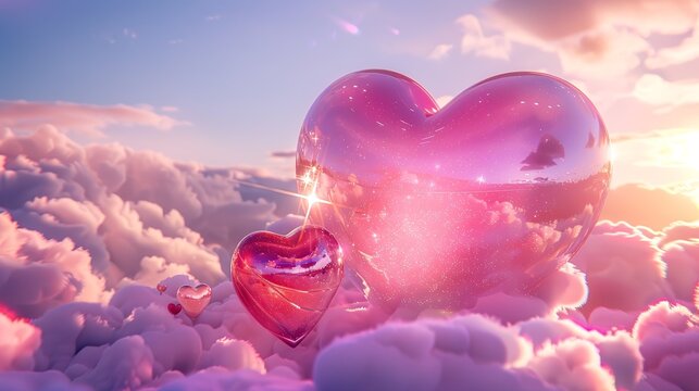 3D image with a big pink heart with glory and a small heart