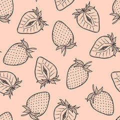 Strawberry seamless pattern, vector strawberries black line art illustration on pink background, hand drawn botanical outline illustration. Monochrome drawing. For background, packaging, textile.