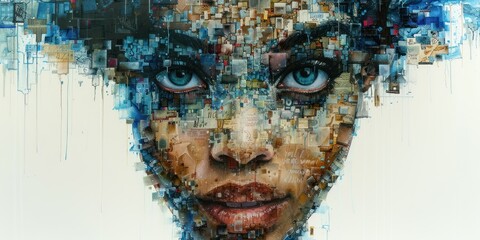 Enigmatic Collage: Womans Face With Blue Eyes