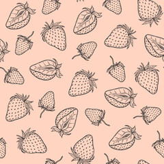 Strawberry seamless pattern, vector strawberries black line art illustration on pink background, hand drawn botanical outline illustration. Monochrome drawing. For background, packaging, textile.
