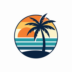 A palm tree stands on a beach as the sun sets in the background, Beach sunset with palm tree silhouette, minimalist simple modern vector logo design