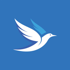 A white bird with blue wings flying against a solid blue background, Bird flying in a clear blue sky, minimalist simple modern vector logo design