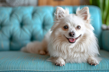 Serenity in a glance, a spitz's calm demeanor set against a home interior - obrazy, fototapety, plakaty