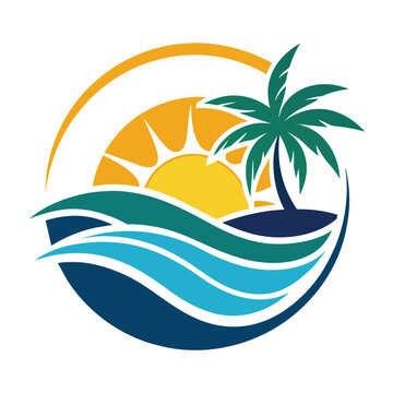 A palm tree stands tall on a sandy beach with the ocean in the background, Beach or coast logo in simple sun and ocean shape
