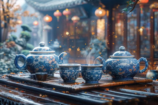 traditional chinese tea set in a serene garden with hanging lanterns during evening