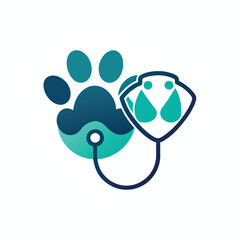 A dogs paw is placed next to a stethoscope, symbolizing veterinary care and check-ups for pets, Clean, geometric design of a paw print and stethoscope, minimalist simple modern vector logo design