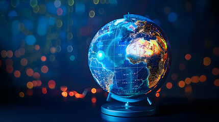 Neon digital projection of a globe with a map of the earth, isolated on a dark blue background. Information technology, communications and networking concept