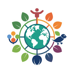 A person stands on top of a globe, surrounded by lush green leaves, Craft a simple logo that represents the interconnectedness of all living beings on Earth