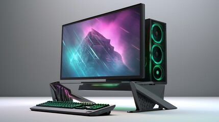 High-definition capture of a gaming PC setup, highlighting a modern case with RGB lighting, an isolated screen, and a white solid background, perfect for presenting mockups, apps, or games in a realis