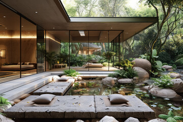 modern luxury home blending with nature, featuring open spaces and a serene pond garden