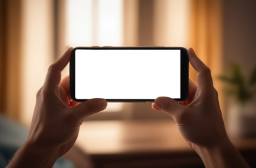Augmented reality in interior design mockup. Close-up view of a male hands holding smartphone horizontally with transparent blank screen, ideal for digital AR design