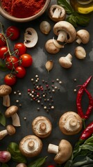 Fresh vegetables, mushrooms, spices on rustic table. Culinary theme for cookbooks, blogs.