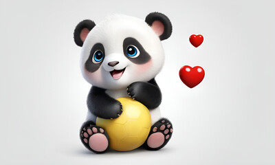 Cute stuffed baby panda. Baby panda with soccer ball. with big eyes and white background. Panda animal cartoon.