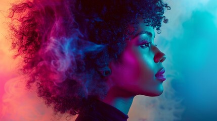 A woman with an afro is looking at something in the air, AI