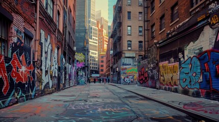 The fuzzed out backdrop of a bustling city street adorned with colorful and poignant graffiti evoking a sense of awe and contemplation for the poetic messages within. .