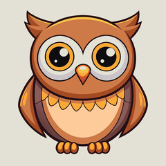 A cute owl with large eyes is perched on the ground, Cute Owl with Big Eyes Cartoon Vector Icon