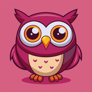 A cute purple owl with large eyes perched on a pink background, Cute Owl with Big Eyes Cartoon Vector Icon