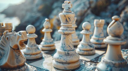 A close up of a chess set with pieces on the board, AI