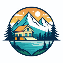 A house stands in front of a towering mountain in the background, Design a minimalist logo for a lakeside resort that exudes tranquility