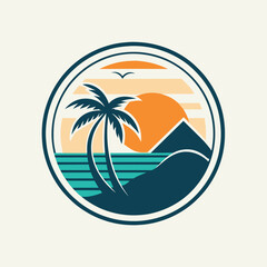 A sunset scene featuring a palm tree silhouetted against a mountain backdrop, Design a minimalist logo for a luxury beach resort, minimalist simple modern vector logo design