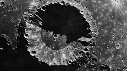 Closeup of a small yet intricate lunar crater with its concentric rings and impact ejecta tered around the edges. The pristine surface is marked by tiny craters and delicate patterns . - obrazy, fototapety, plakaty