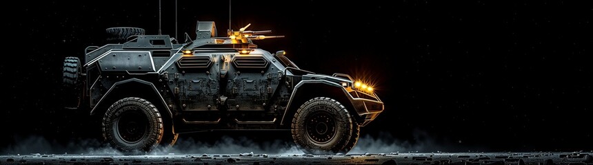 Fototapeta premium Armored Military Vehicle Illuminated Under the Night Sky, with Left-Side Copy Space for Text - This composition showcases the formidable presence of an armored military vehicle, its advanced lighting 