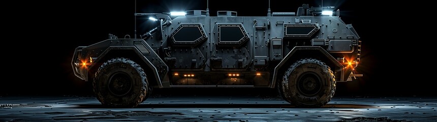 Armored Military Vehicle Illuminated Under the Night Sky, with Left-Side Copy Space for Text - This composition showcases the formidable presence of an armored military vehicle, its advanced lighting  - obrazy, fototapety, plakaty