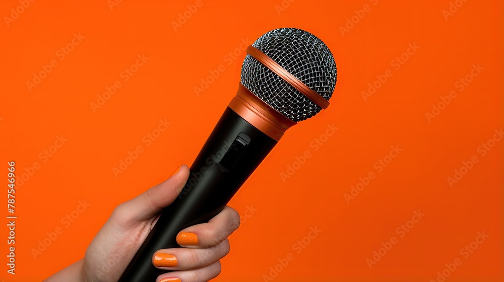 Wall mural A hand holding a microphone, red - orange background