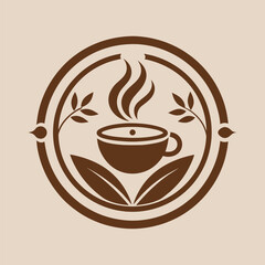 A cup of coffee surrounded by a circular arrangement of leaves on a table, Develop a simple and elegant logo for a gourmet coffee shop