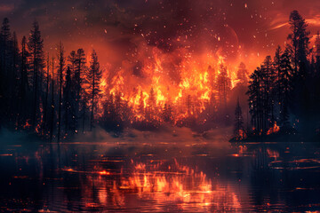 Fire in the forest, silhouettes of burning trees in smoke and reflection of fire in the lake in front of the forest, with copy space