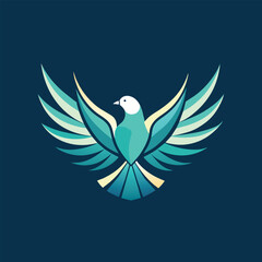 A blue bird with white wings stands out against a dark background, dove with wings Logo bussines company flat shape with bird