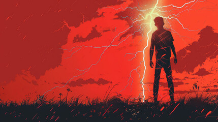 Silhouette of a person against a red sky filled with dramatic lightning strikes, suggesting urgency or danger.