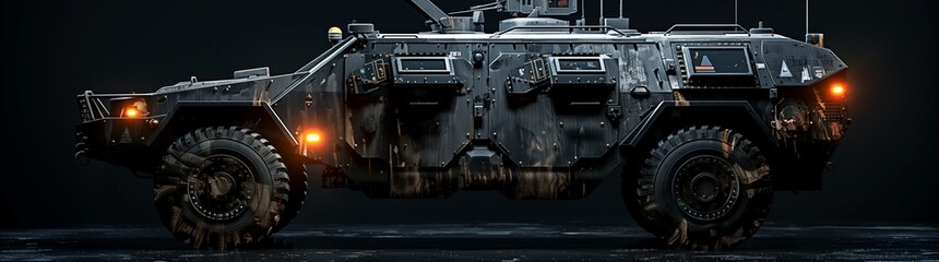 Military Reconnaissance Vehicle with Active Lighting on a Black Background, with Space for Text on the Left - Highlighting the critical role of reconnaissance in modern warfare, this image presents  - obrazy, fototapety, plakaty