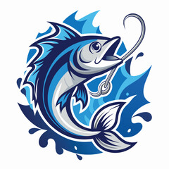 A fish with a fishing hook stuck in its mouth, surrounded by water splashes, fish and hook logo with water splash decoration