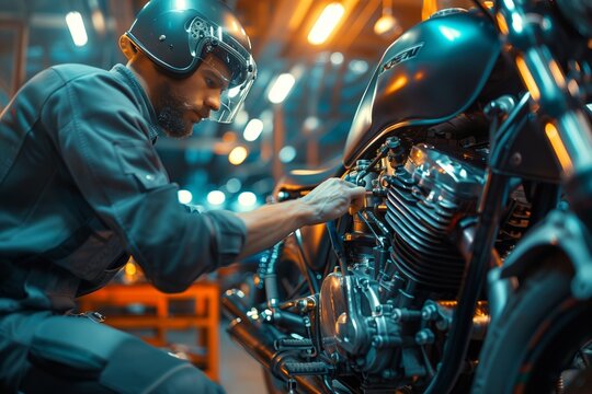 Professional technician conducting a detailed inspection on a motorcycle's engine, showcasing advanced diagnostic techniques in a brightly lit, modern workshop.