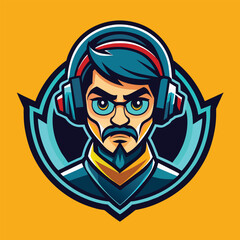 A man with a beard wearing headphones, immersed in listening to music, gamer in headphones Logo