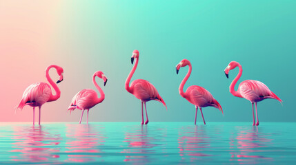 A calming image of pink flamingos standing in shallow teal waters under a gradient sky. - obrazy, fototapety, plakaty