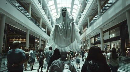Woman in broad daylight seeing a cloaked white hooded floating demon in a shopping mall - obrazy, fototapety, plakaty