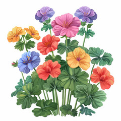 Artistic illustration of colorful geranium flowers, presenting a variety of vibrant hues and detailed leaves.