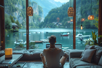 Blue Lake View Home Office: Professional Productivity and Relaxation - obrazy, fototapety, plakaty