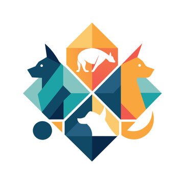 A logo featuring a dog and a cat playing, created with geometric shapes, Geometric shapes arranged to resemble pets playing, minimalist simple modern vector logo design