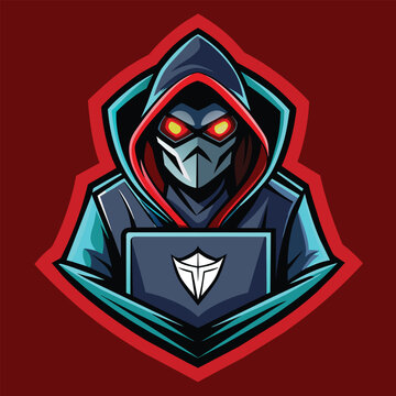 A person wearing a hoodie is typing on a laptop computer, hacker mascot for sports and esports logo