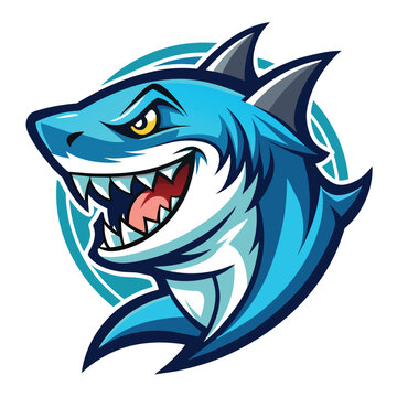 Illustration of a furious blue shark displaying its teeth with an open mouth, Illustrated Furious Shark, Logo, Mascot